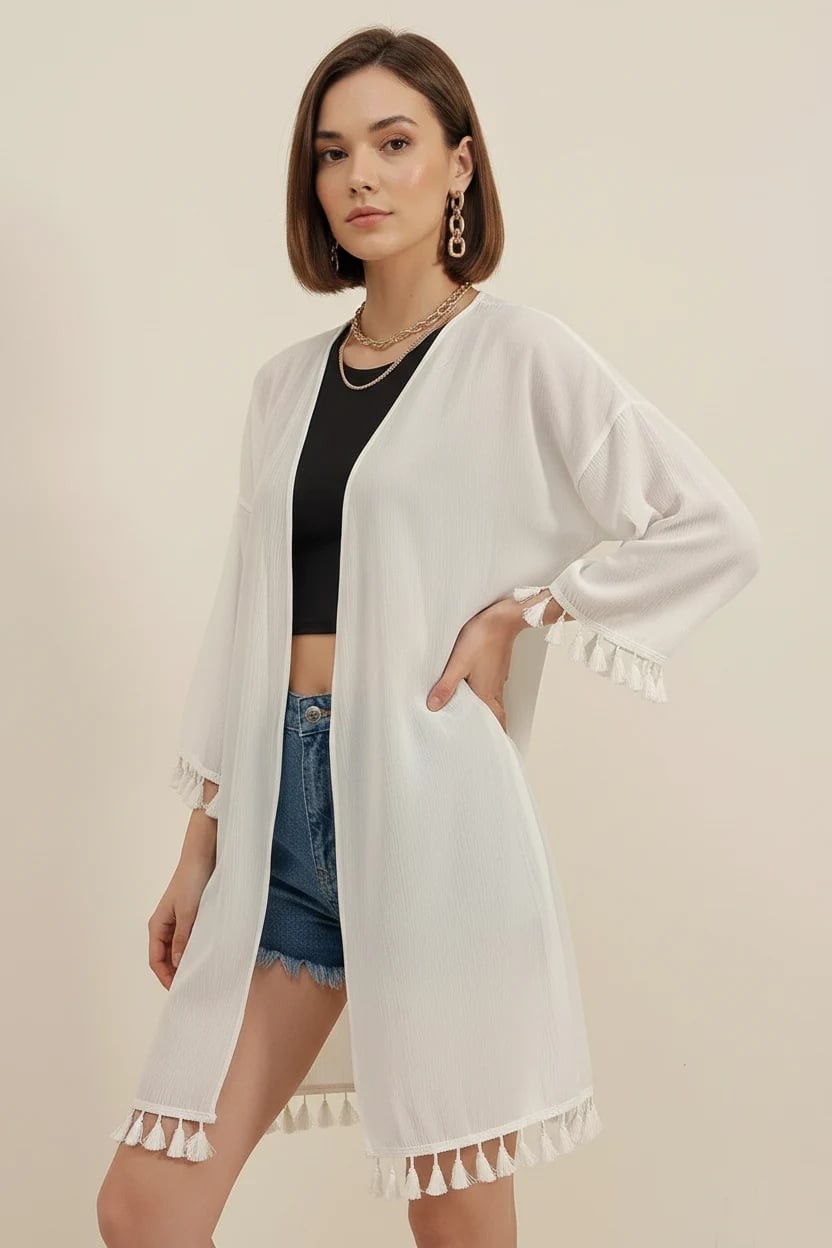  Kadın V Yaka Fırfırlı Püsküllü Kenar Beyaz Kimono 