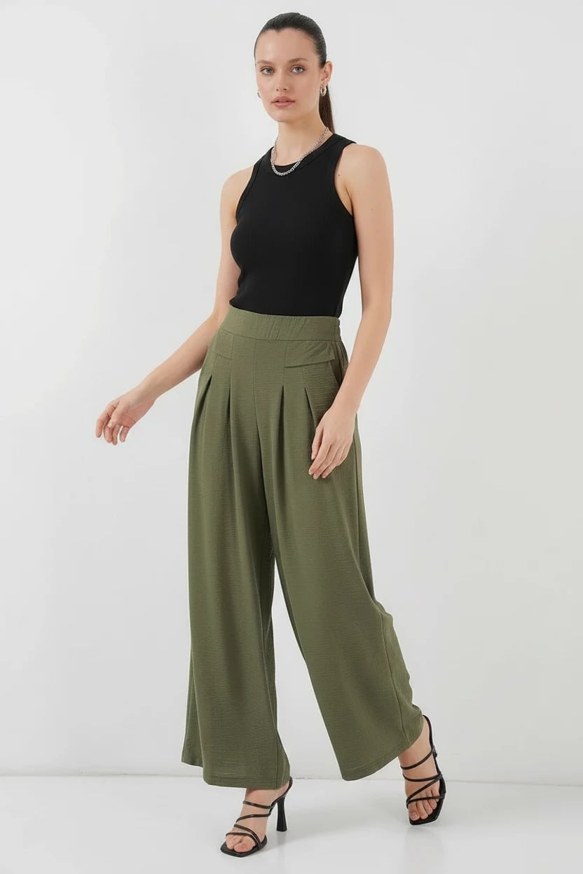  Kadın Pileli Bol Paça Haki Palazzo Pantolon 