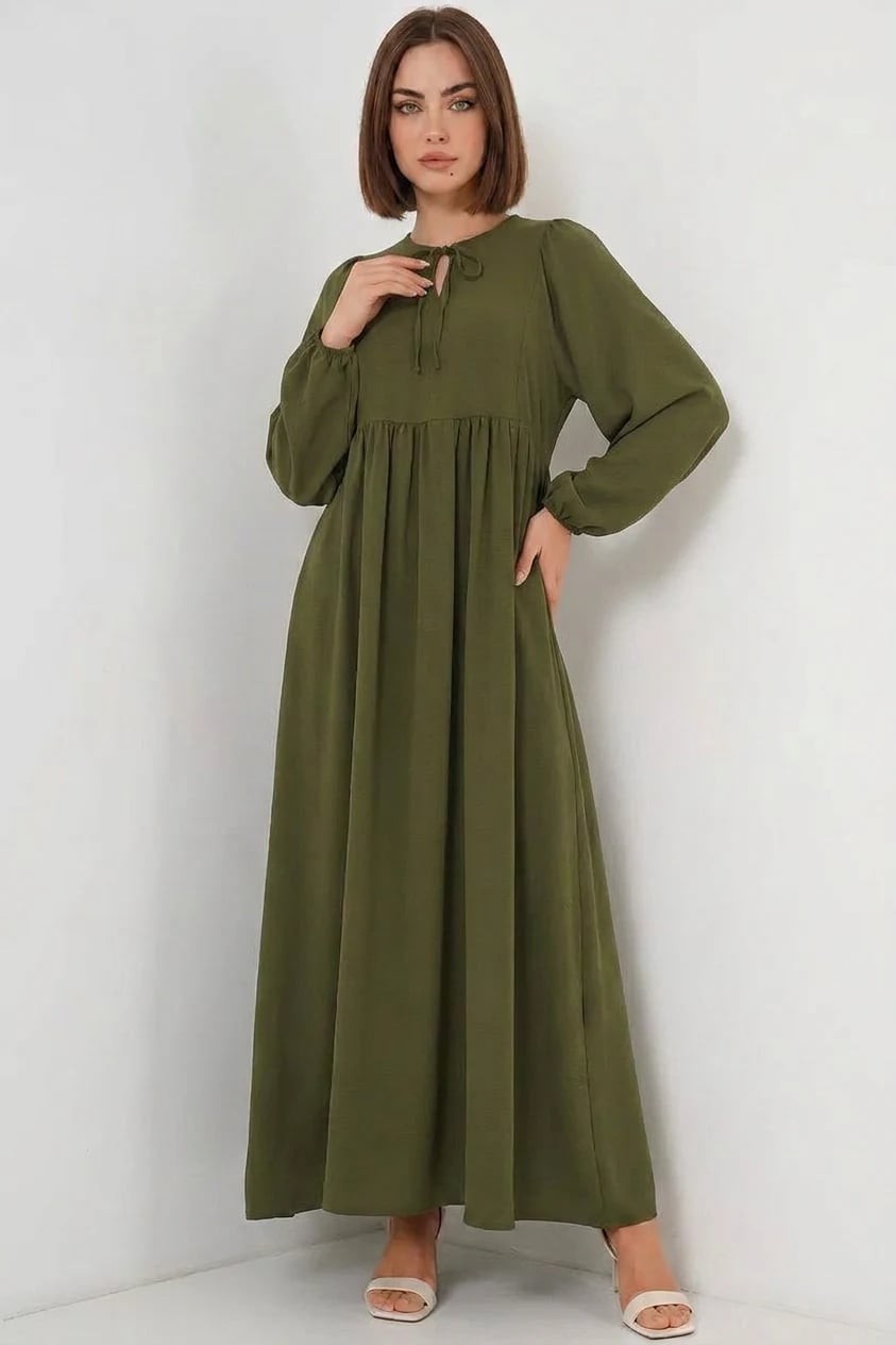  Kadın Bagcıklı Beli Büzgülü Balon Kol Haki Tesettür Elbise 
