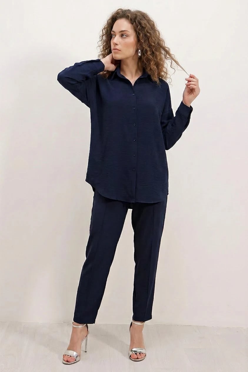  Kadın Gömlek Yaka Oversize Lacivert İkili Takım 