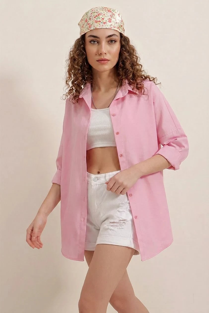  Kadın Oversize Basic Pamuklu Pembe Gömlek 
