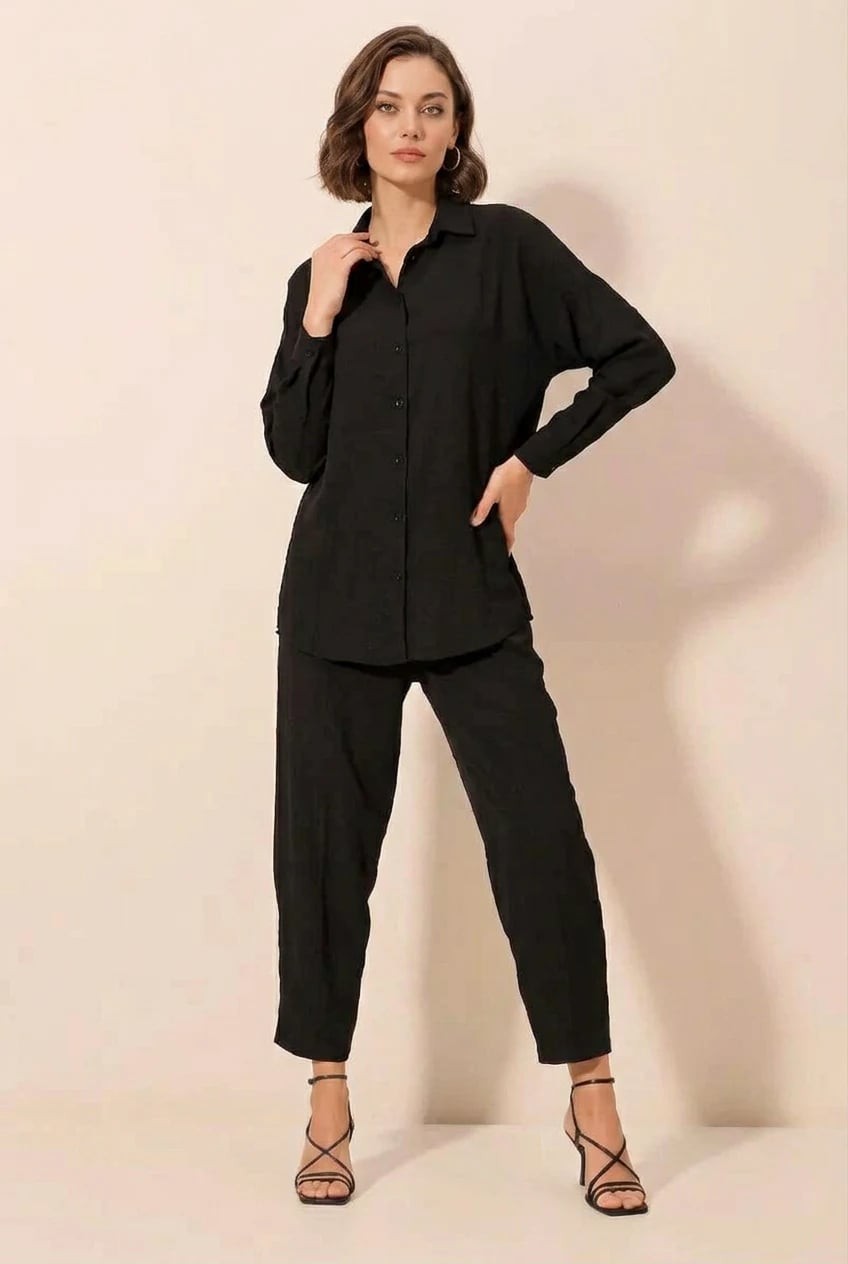 Kadın Gömlek Yaka Oversize Kesim Siyah İkili Takım