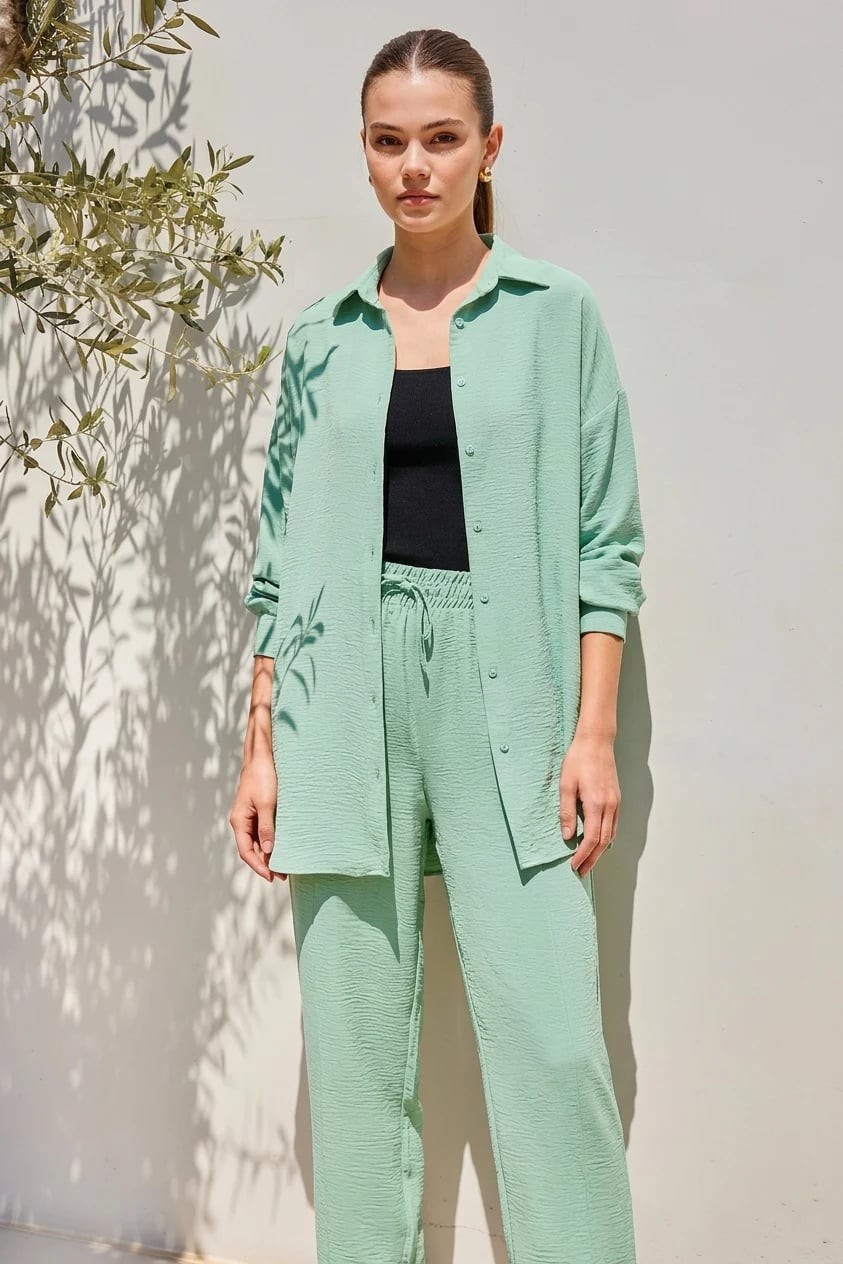  Kadın Gömlek Yaka Beli Büzgülü Oversize Mint İkili Takım 