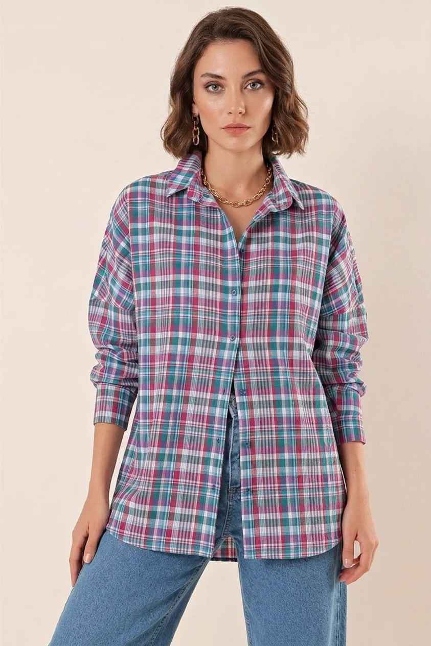  Kadın Kareli Desen Basic Oversize Pamuklu A. Kiremit Gömlek 