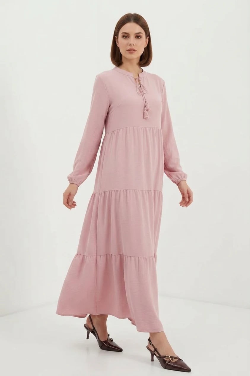  Kadın Bağcıklı Yaka Fırfırlı Açık Pembe Tesettür Elbise 
