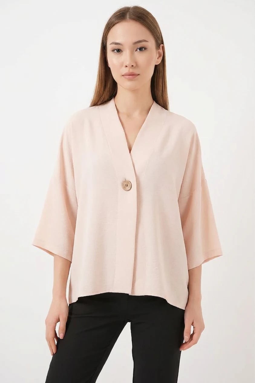  Kadın V Yaka Kısa Kol Oversize Krem Kimono 