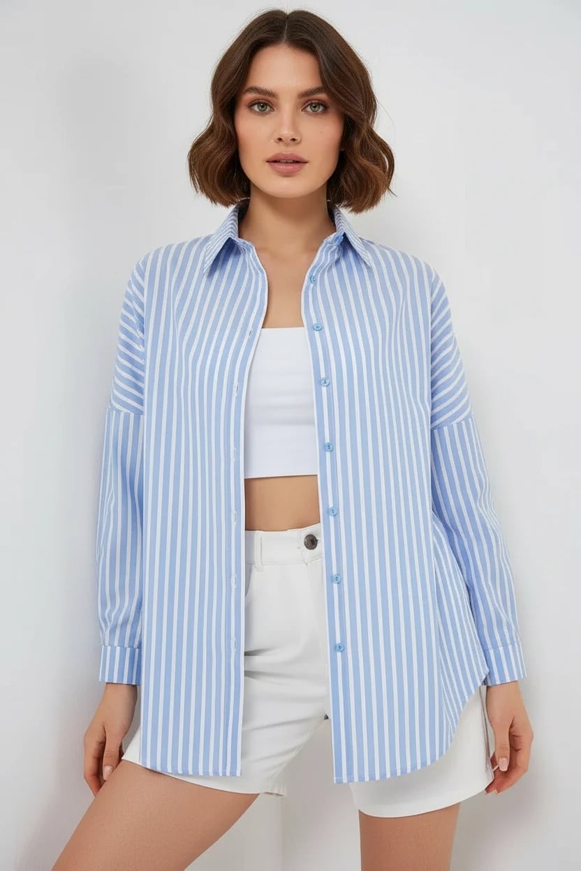  Kadın Oversize Çizgili Pamuklu Mavi Gömlek 