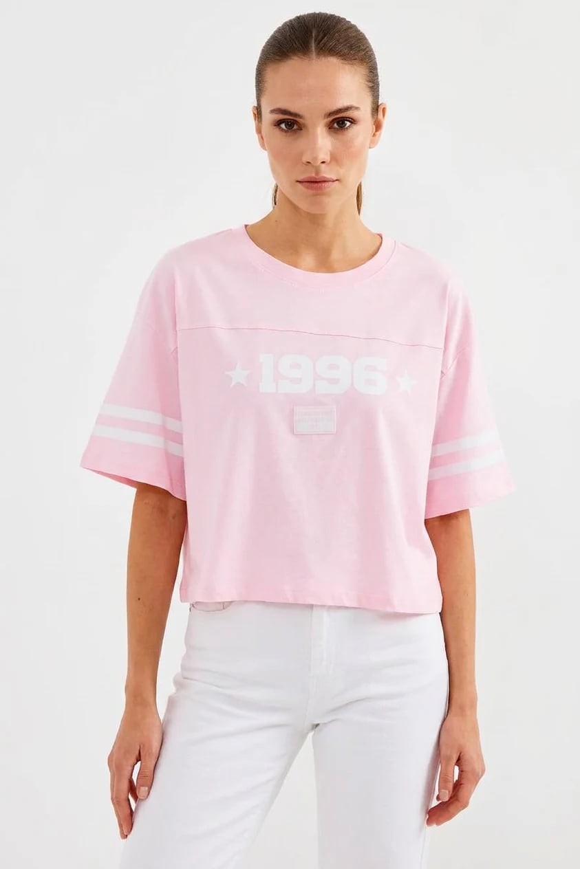  Kadın Basic Oversize Çizgili Kol Pembe Tişört 