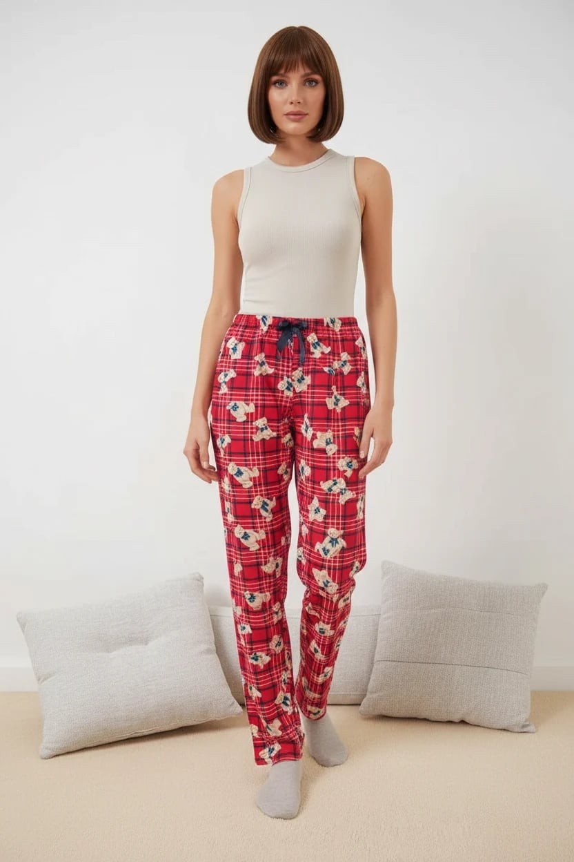  Kadın Beli Bağcıklı Çizgili Ayı Desenli Kırmızı Pijama Altı 