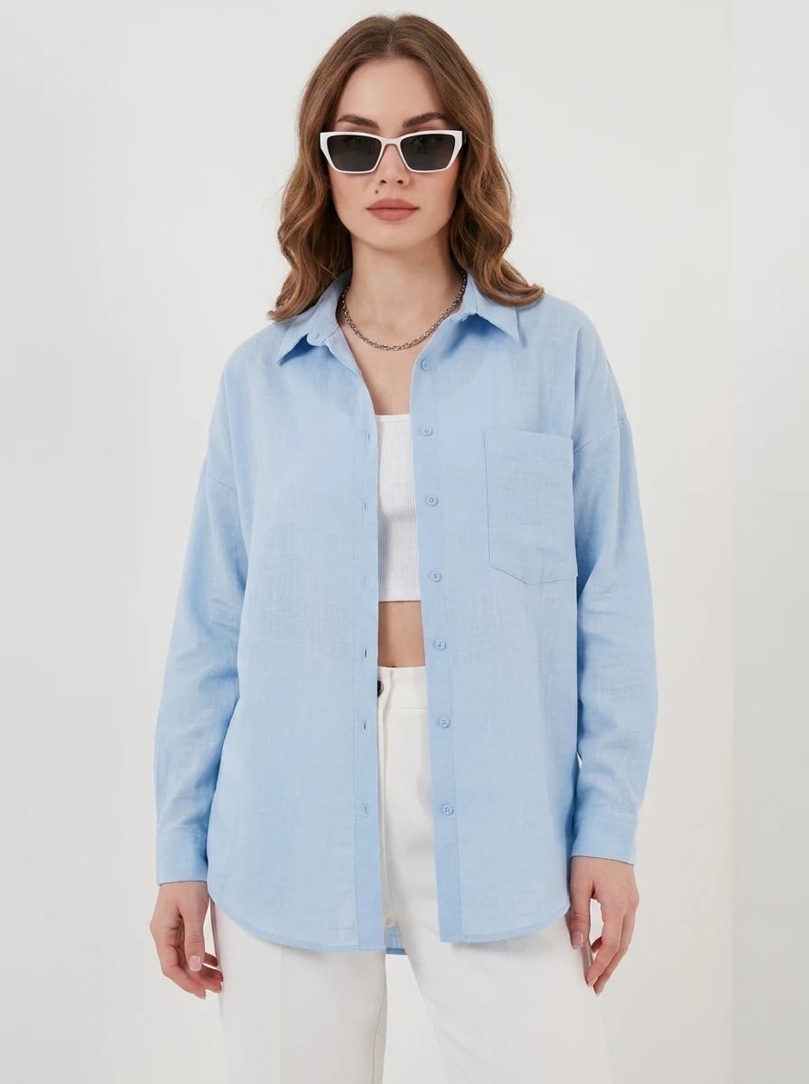  Kadın Tek Cepli Oversize Keten Buz Mavisi Gömlek 