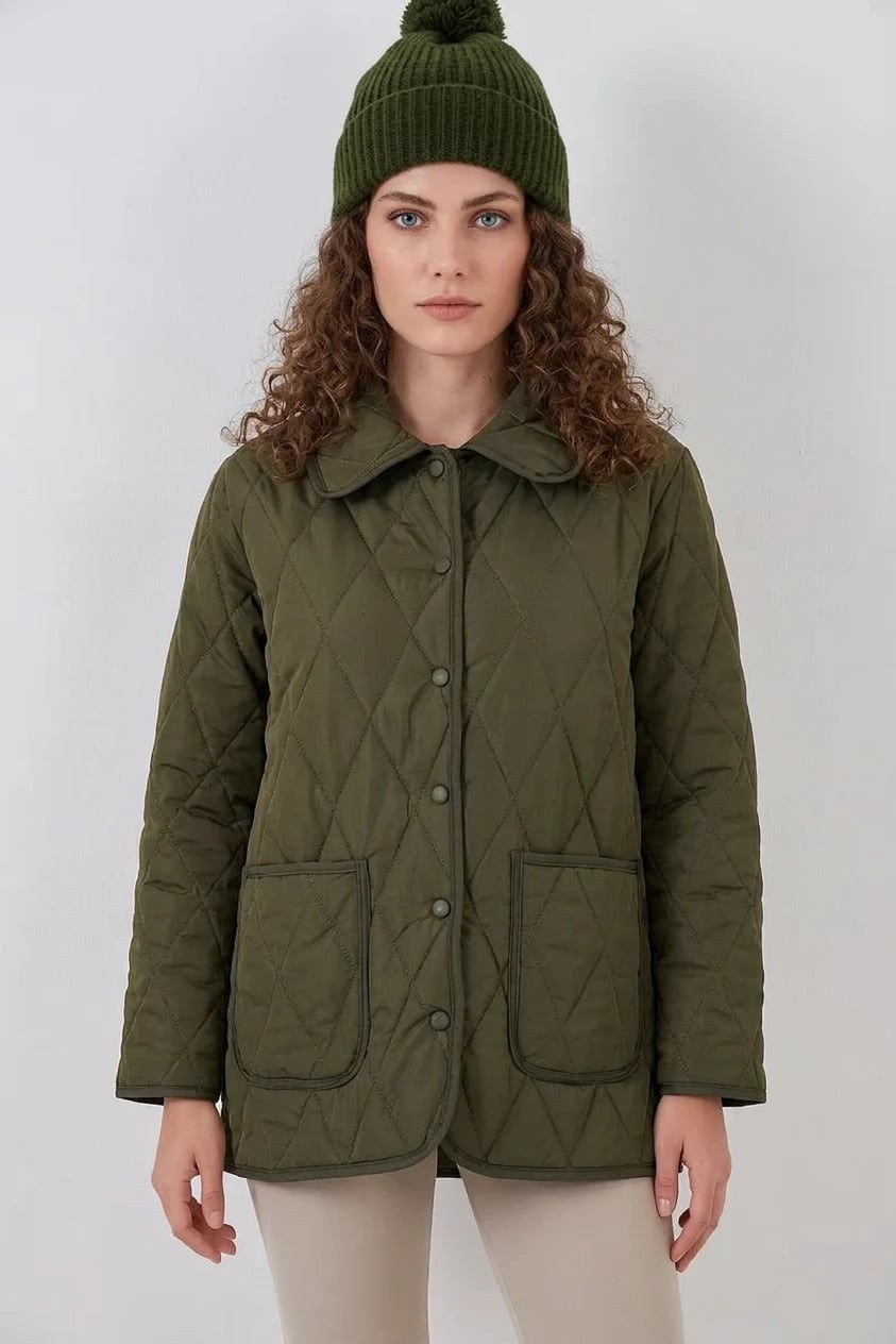  Kadın Klasik Yaka Kapitone Oversize Çift Renk Haki Mont 