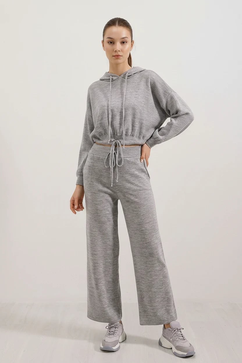  Kadın Kapüşonlu Beli Büzgülü Geniş Kesim Oversize Triko Gri İkili Takım 