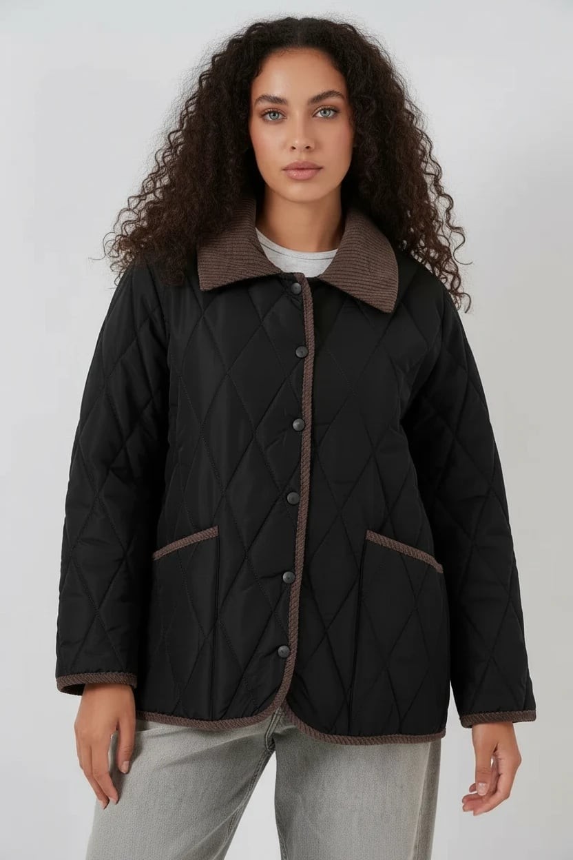  Kadın Klasik Yaka Oversize Kapitone Çift Renk Siyah Mont 