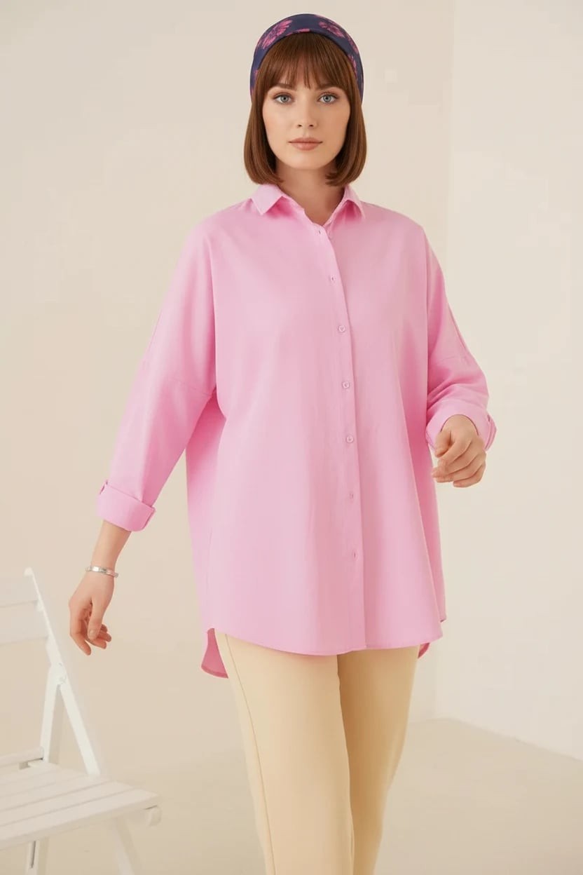  Kadın Oversize Kesim Basic Pamuklu Pembe Tesettür Gömlek 