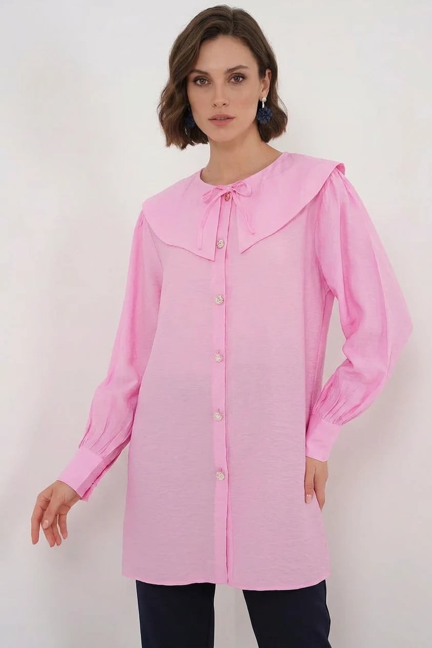 Kadın Geniş Yaka Bebe Fiyonk Detaylı Viskon Pembe Tunik 
