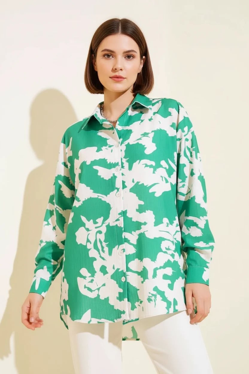  Kadın Basic Oversize Çiçek Desenli Viskon Yeşil Gömlek 