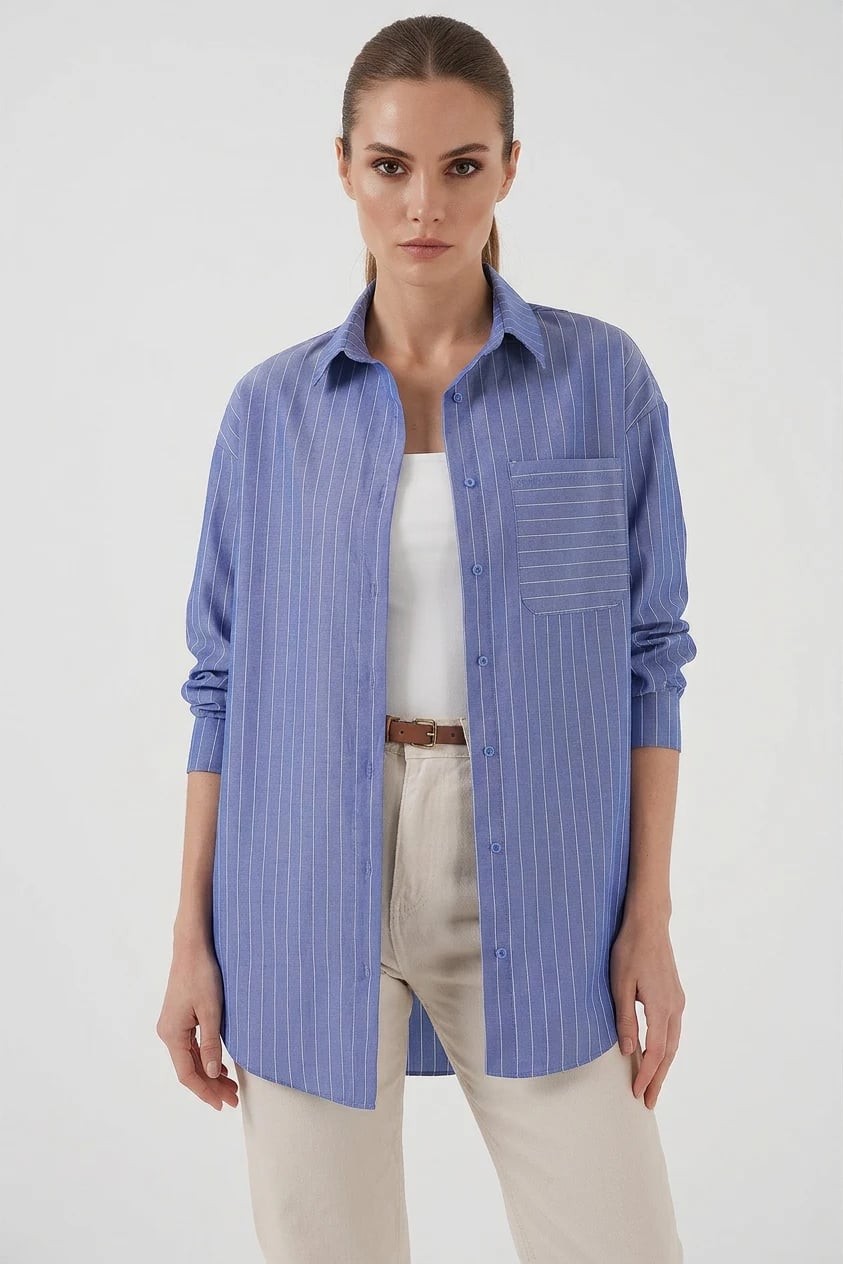 Kadın Oversize Çizgili İndigo Gömlek