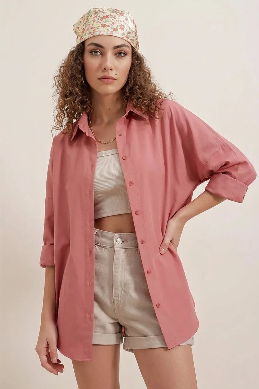  Kadın Geniş Kesim Basic Oversize Pamuklu Gül Kurusu Gömlek 