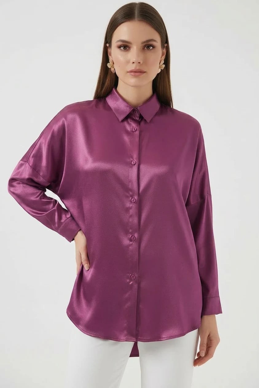 Kadın Oversize Kesim Saten Koyu Lila Gömlek