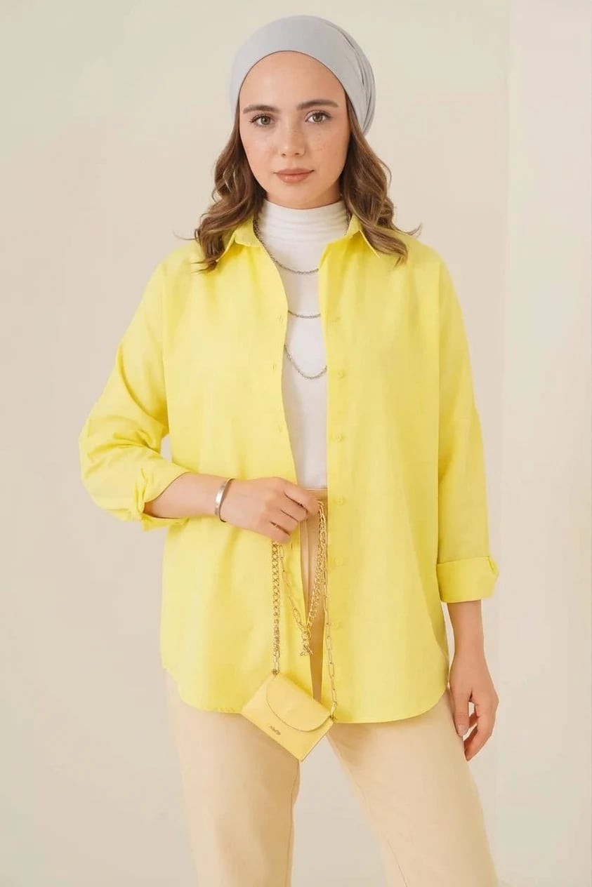  Kadın Oversize Basic Pamuklu Sarı Tesettür Gömlek 