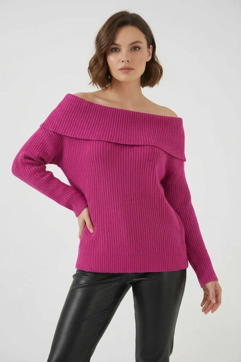 Kadın Kayık Yaka Açık Omuz Oversize Triko Koyu Pembe Kazak