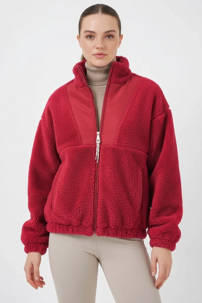  Kadın Fermuarli Peluş Bordo Ceket 