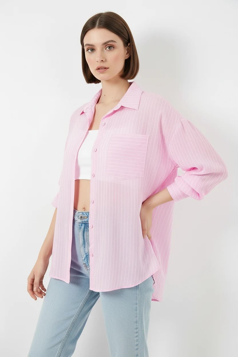  Kadın Oversize Tek Cepli Çizgili Viskon Pembe Gömlek 