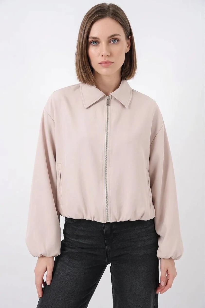  Kadın Klasik Yaka Normal Fermuarlı Oversize Krem Ceket 