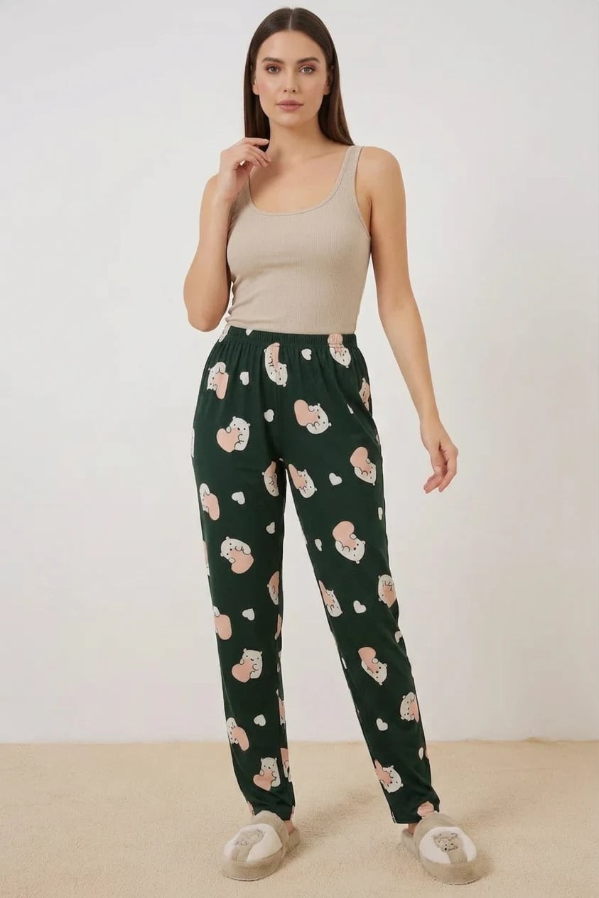  Kadın Bel Lastikli Desenli Zümrüt Pijama Altı 