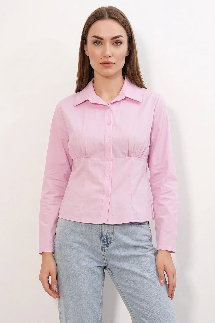  Kadın Belden Oturtmalı Pembe Gömlek 