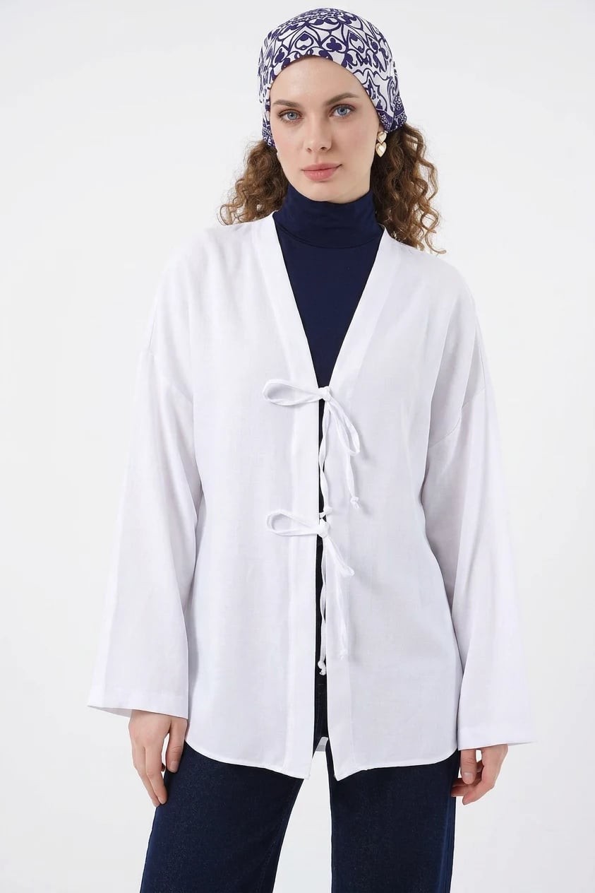  Kadın V Yaka Bağcıklı Viskon Beyaz Tesettür Kimono 