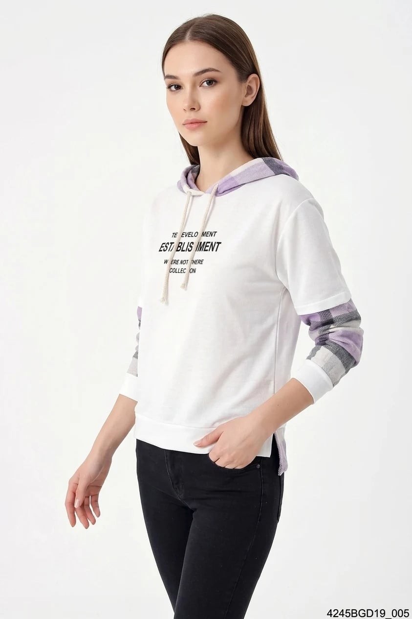  Kadın Kapüşonlu Ekose Desenli Beyaz Sweatshirt 