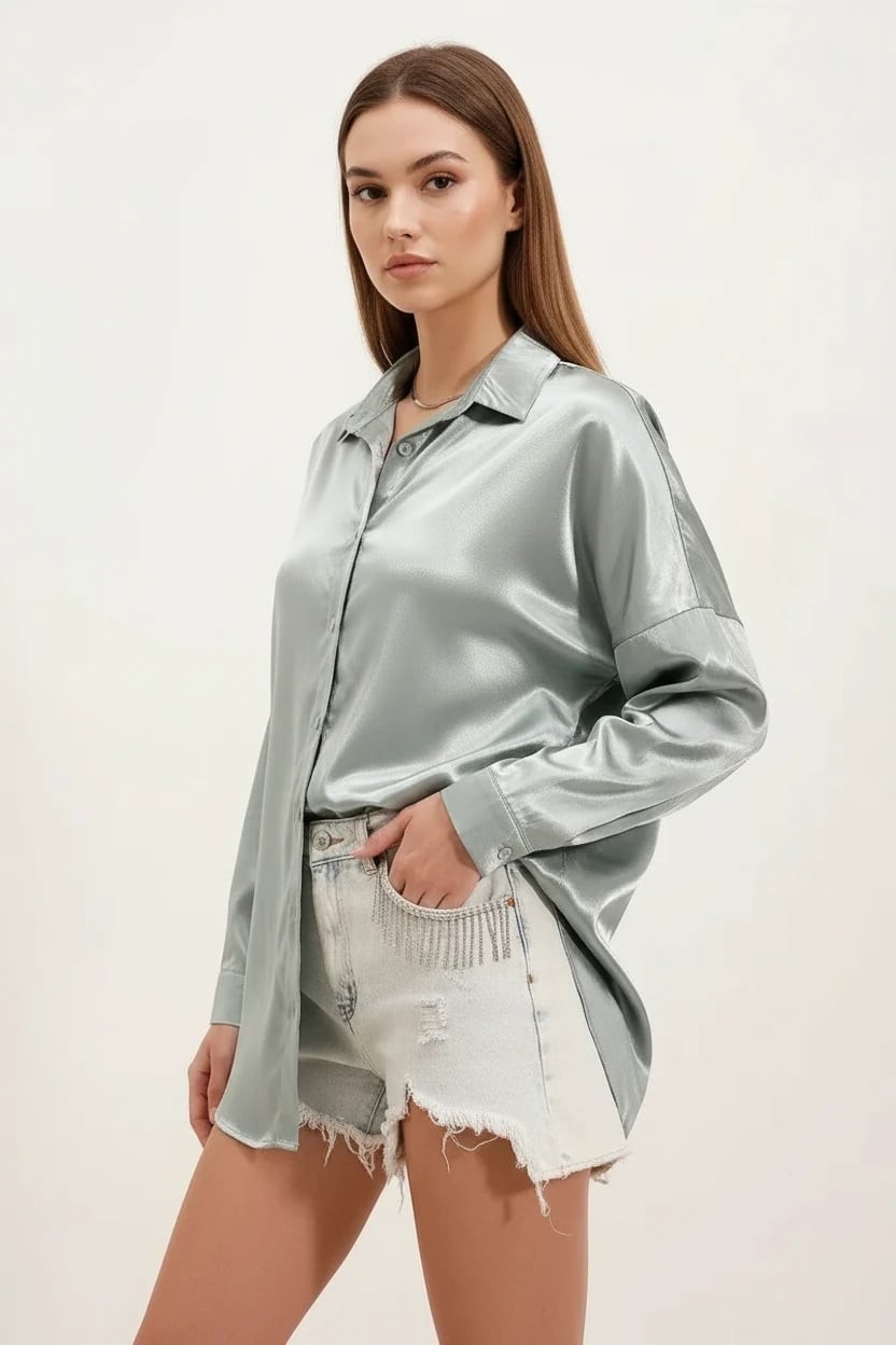 Kadın Oversize Kesim Saten Çağla Yeşili Gömlek