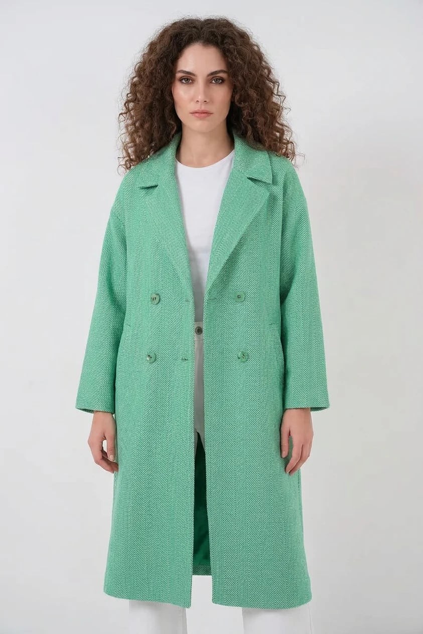 Kadın Geniş Yaka Oversize Balıksırtı Desenli Kaşe Yeşil Kaban