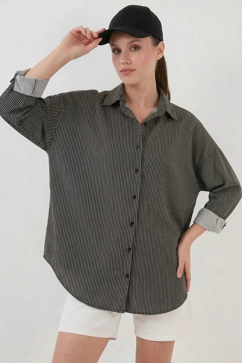  Kadın Oversize Çizgili Viskon Siyah Gömlek 