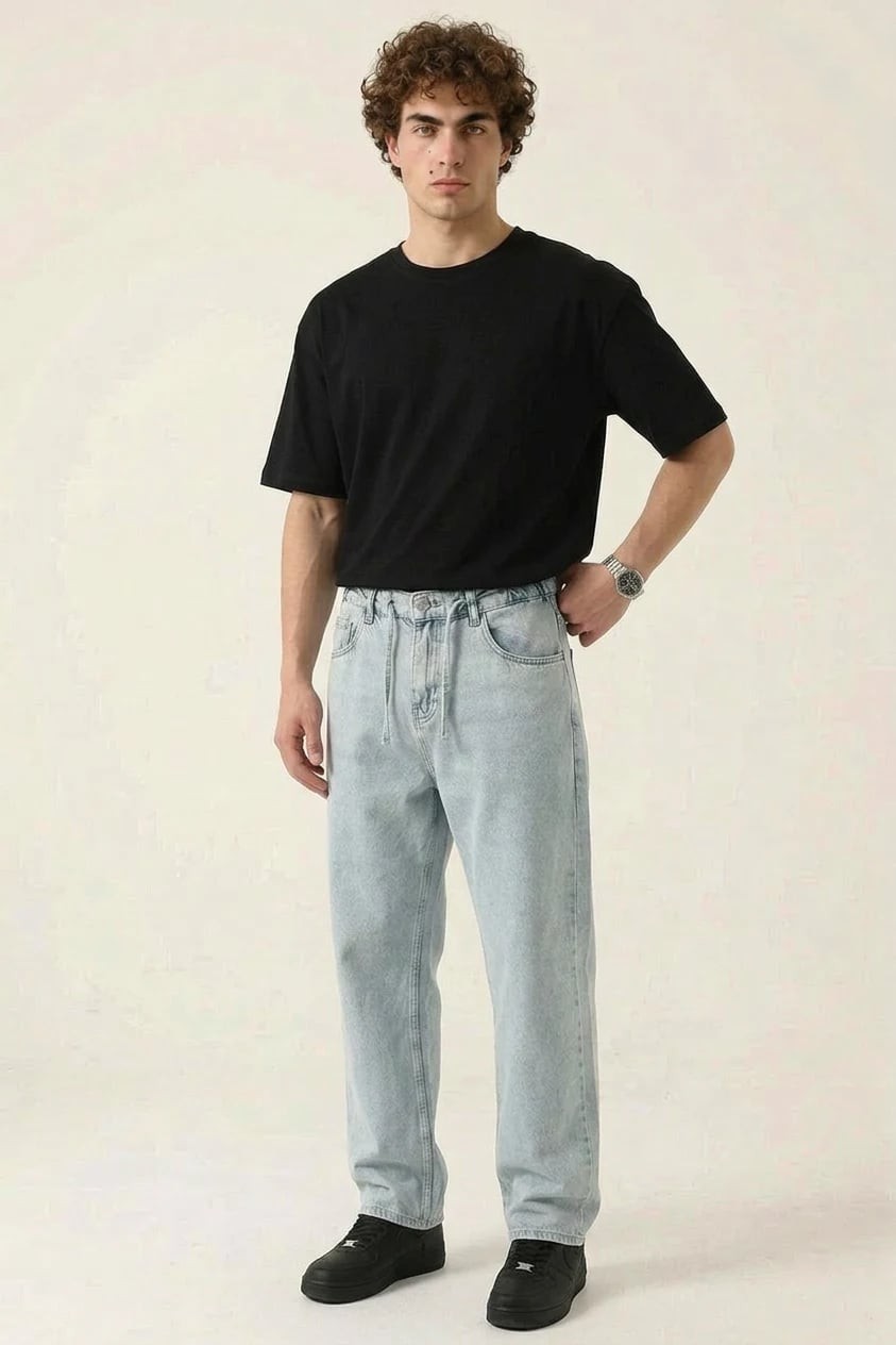  Erkek Rahat Kesim Denim Mavi Pantolon 