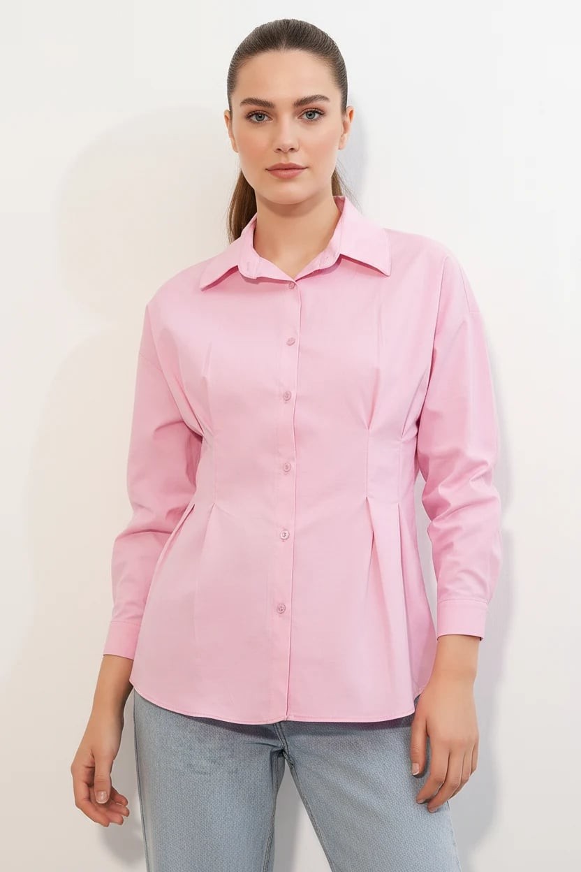 Kadın Belden Oturtmalı Pembe Gömlek