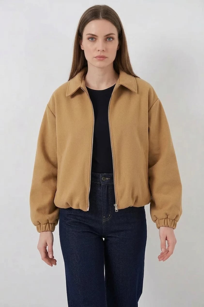  Kadın Gömlek Yaka Belden Büzgülü Oversize Pamuklu Hardal Ceket 