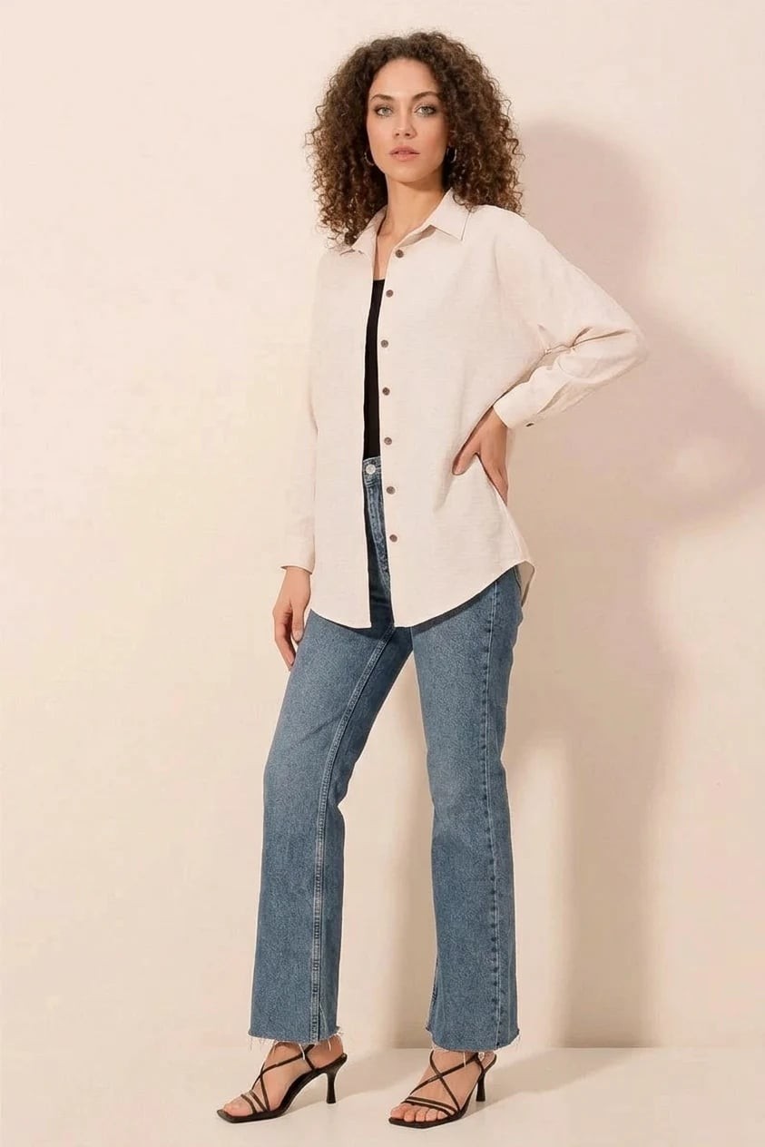  Kadın Oversize Basic Viskon Krem Gömlek 