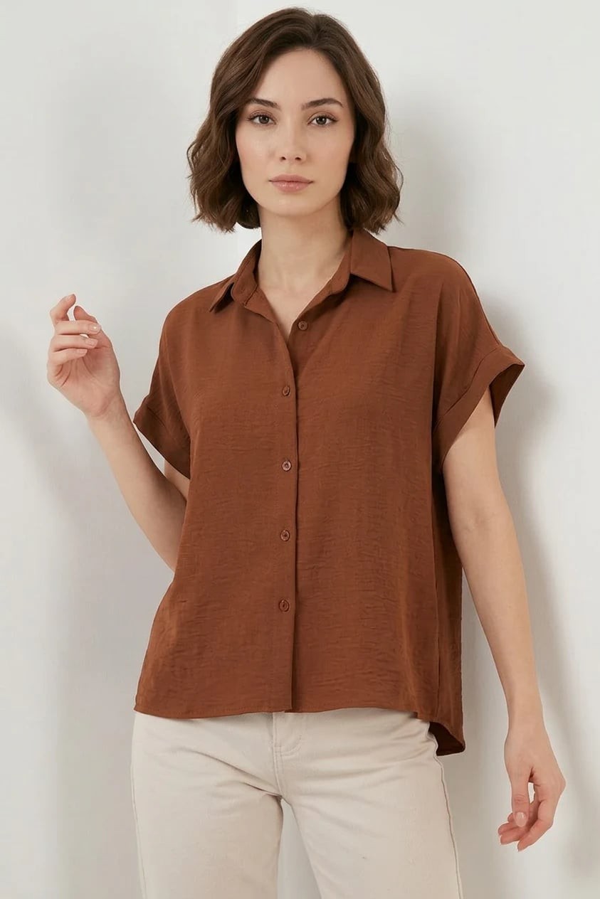  Kadın Kısa Kol Oversize Taba Gömlek 