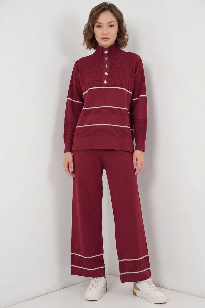  Kadın Yüksek Yaka Oversize Çizgili Triko Bordo İkili Takım 