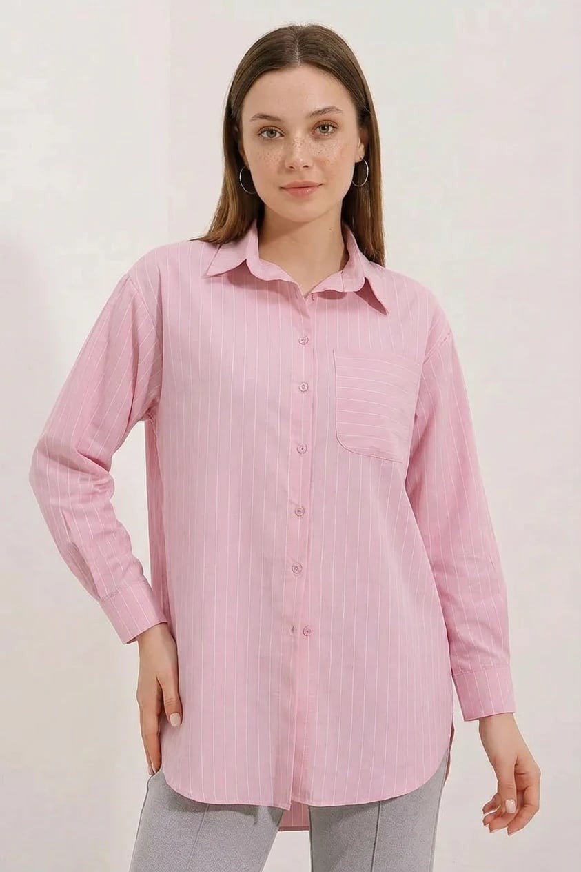 Kadın Oversize Çizgili Pamuklu Pudra Gömlek
