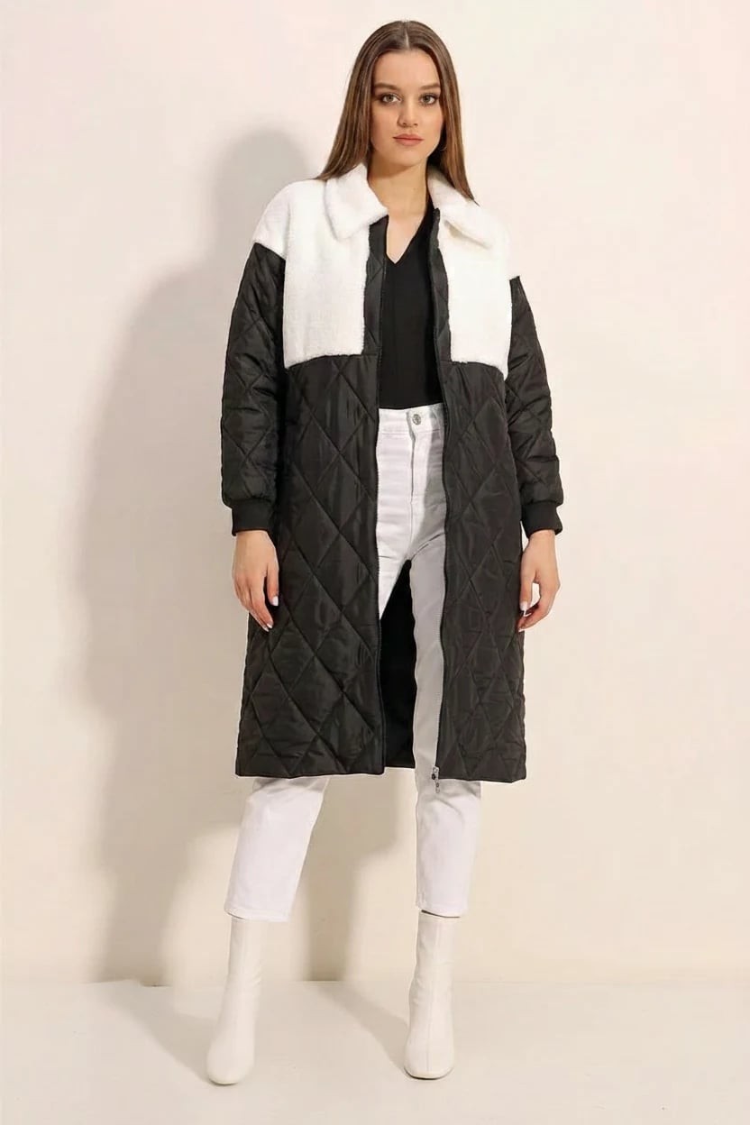  Kadın Gömlek Yaka Peluş Detaylı Oversize Kapitone Desenli Beyaz Mont 