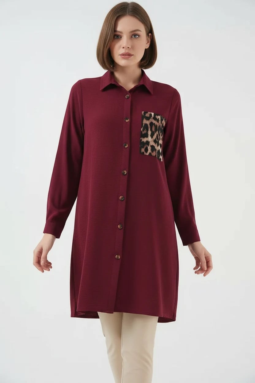  Kadın Gömlek Yaka Leopar Desenli Cep Bordo Tunik 