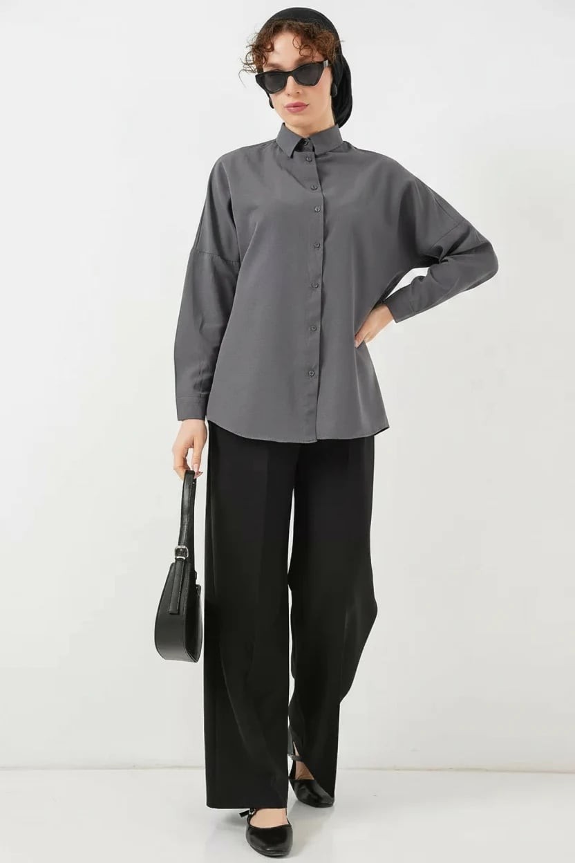  Kadın Oversize Basic Pamuklu Gri Tesettür Gömlek 