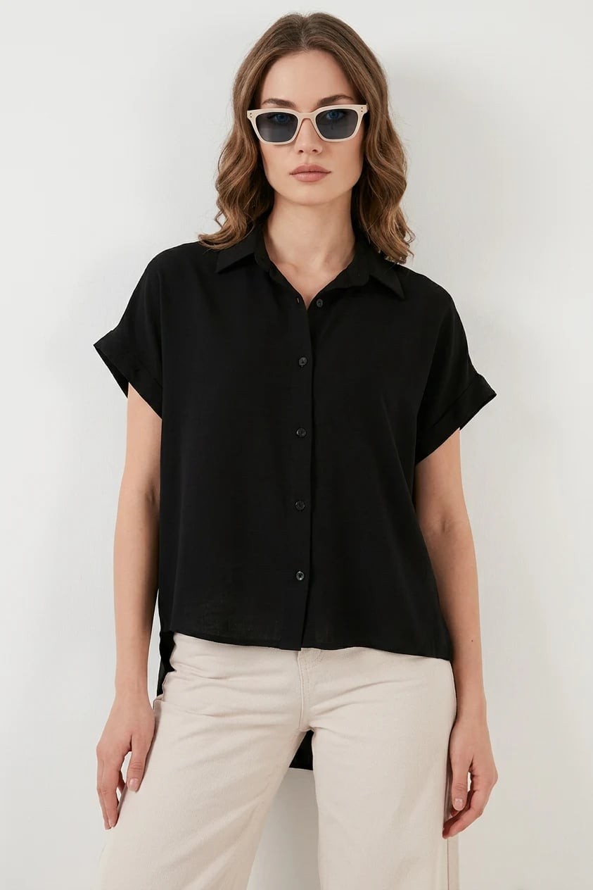  Kadın Kısa Kol Oversize Siyah Gömlek 