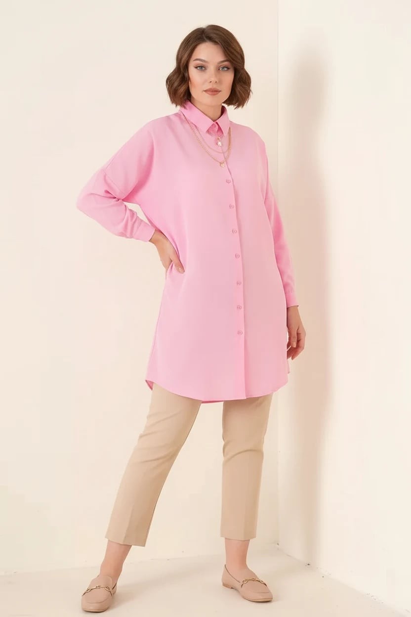  Kadın Gömlek Yaka Düğmeli Basic Pamuklu Pembe Tesettür Tunik 