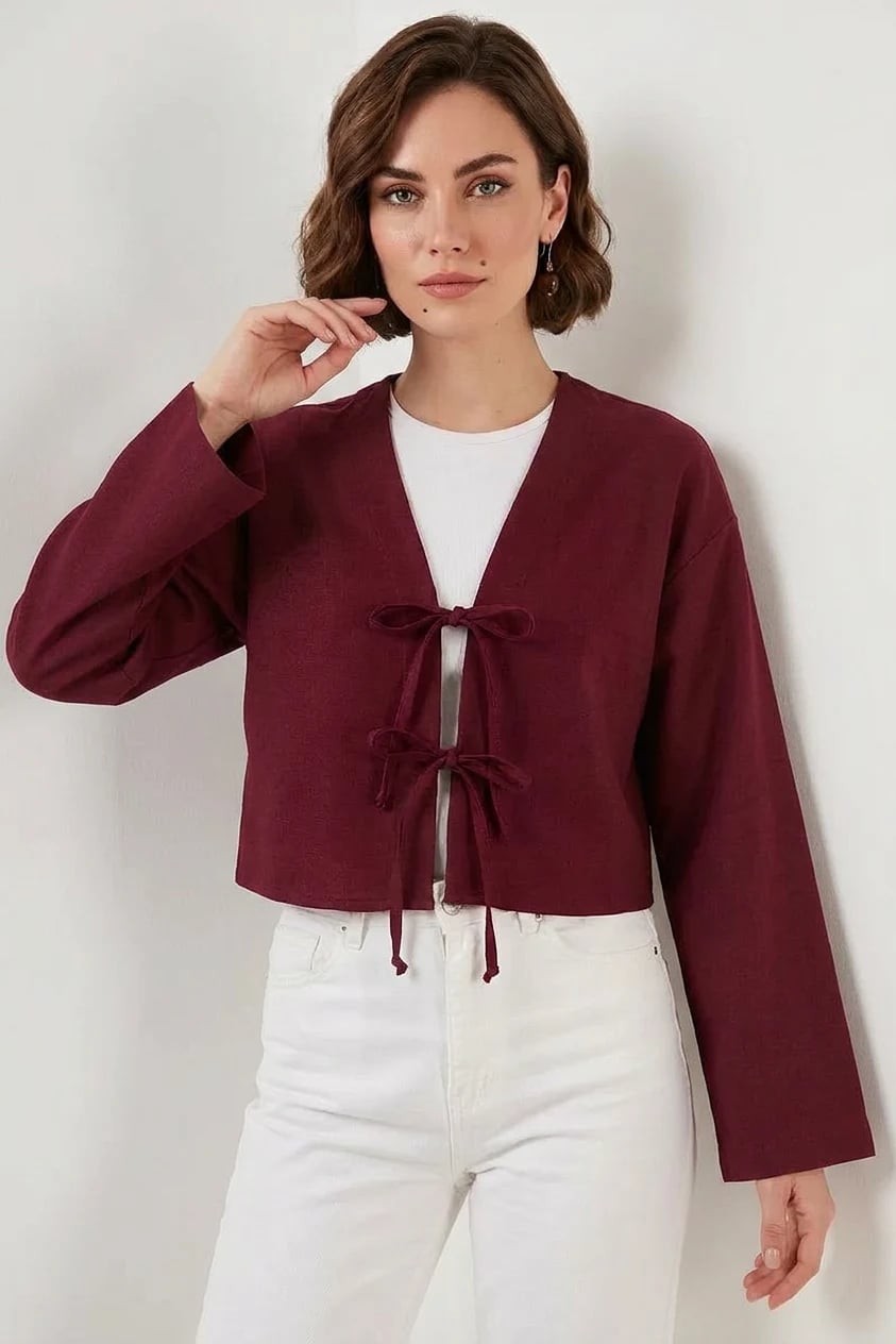  Kadın V Yaka Önü Bağlamalı Keten Bordo Kimono 