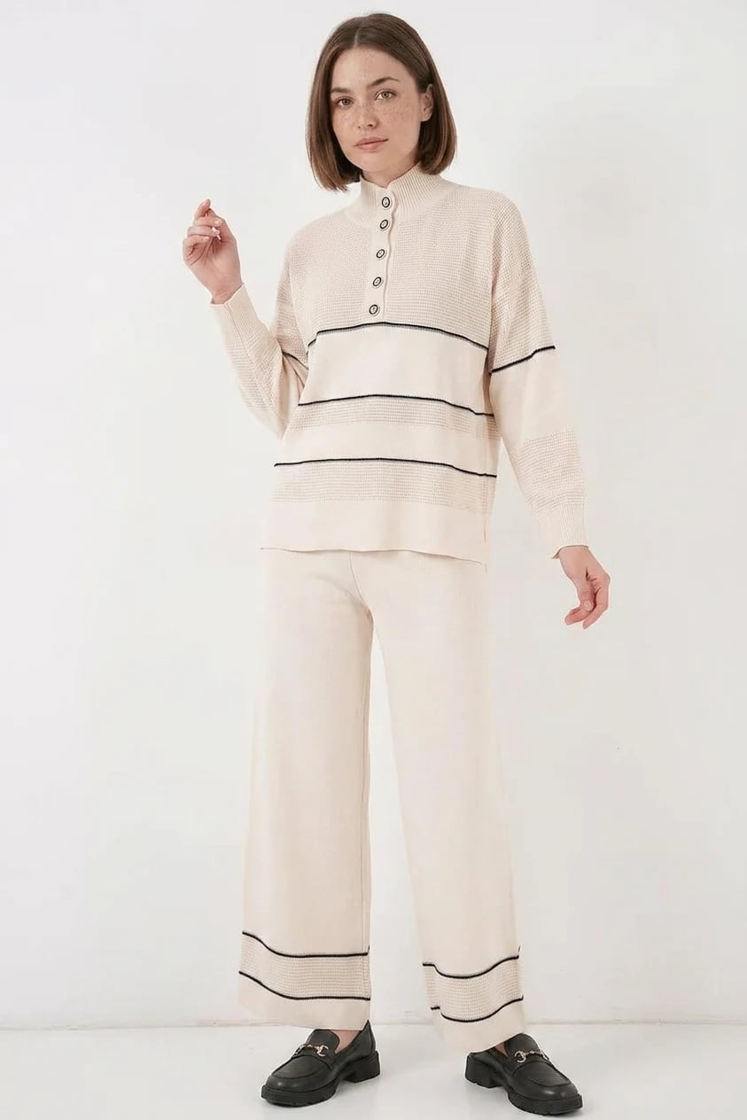  Kadın Yüksek Bel Geniş Paça Oversize Çizgili Triko Ekru Takım 