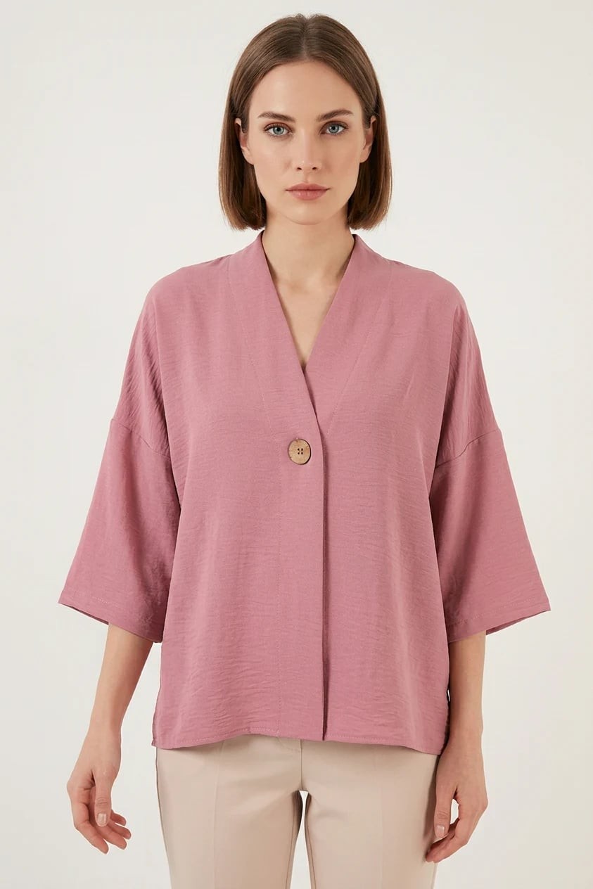 Kadın V Yaka Kısa Kol Oversize Gül Kurusu Kimono 